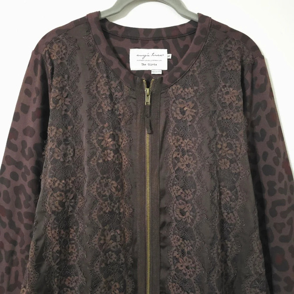 EVY'S TREE Leopars Knit Pieced Jacket, Lace Front Panel, Chocolate Brown, XL - Picture 5 of 16